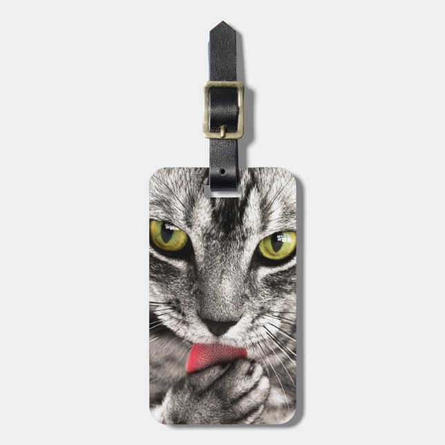 Grey Tabby cat licking paw Luggage Tag (Front Vertical)