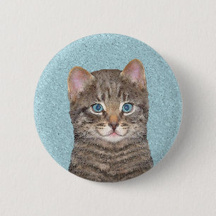 Grey Tabby Cat Painting - Cute Original Cat Art 6 Cm Round Badge