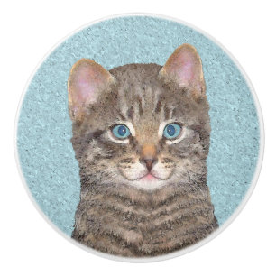 Grey Tabby Cat Painting - Cute Original Cat Art Ceramic Knob