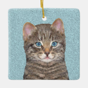 Grey Tabby Cat Painting - Cute Original Cat Art Ceramic Ornament