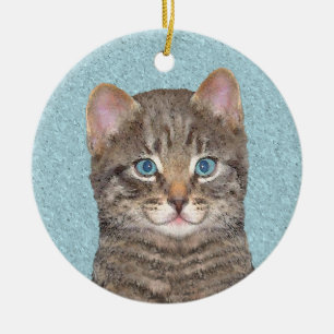 Grey Tabby Cat Painting - Cute Original Cat Art Ceramic Tree Decoration