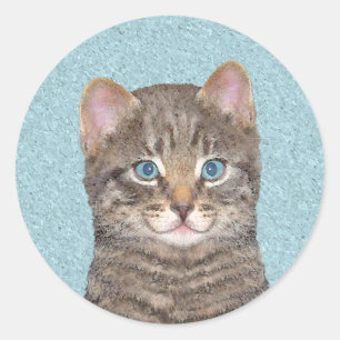 Grey Tabby Cat Painting - Cute Original Cat Art Classic Round Sticker