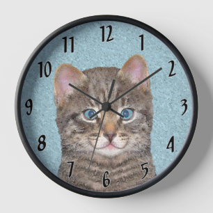 Grey Tabby Cat Painting - Cute Original Cat Art Clock