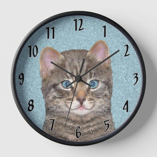 Grey Tabby Cat Painting - Cute Original Cat Art Clock (Front)