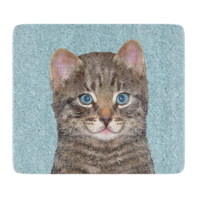 Grey Tabby Cat Painting - Cute Original Cat Art Cutting Board (Front)