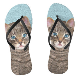 Grey Tabby Cat Painting - Cute Original Cat Art Flip Flops