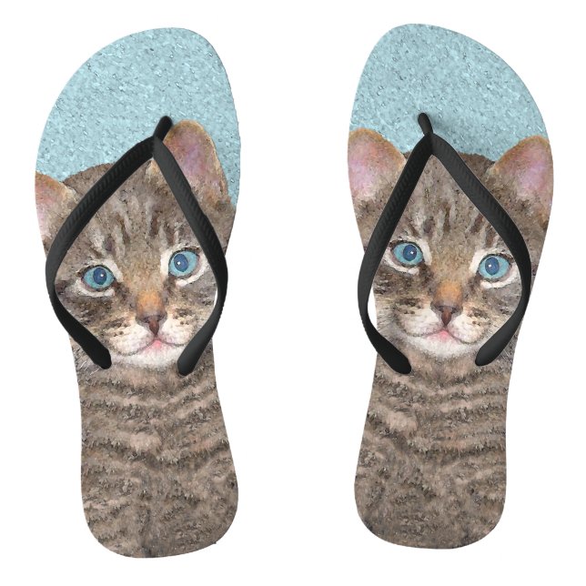 Grey Tabby Cat Painting - Cute Original Cat Art Flip Flops (Footbed)