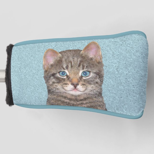 Grey Tabby Cat Painting - Cute Original Cat Art Golf Head Cover (Front)