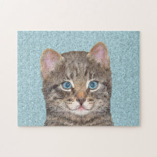 Grey Tabby Cat Painting - Cute Original Cat Art Jigsaw Puzzle
