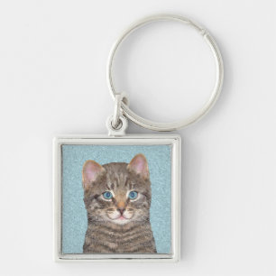 Grey Tabby Cat Painting - Cute Original Cat Art Key Ring