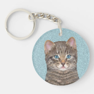 Grey Tabby Cat Painting - Cute Original Cat Art Key Ring