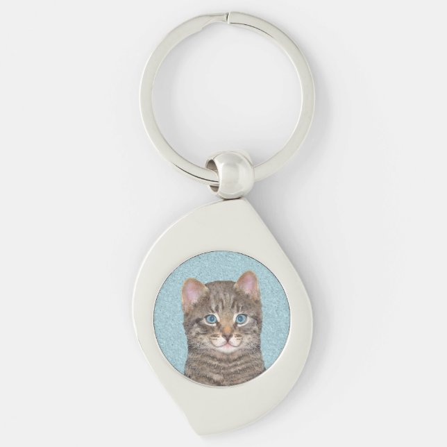 Grey Tabby Cat Painting - Cute Original Cat Art Key Ring (Front)