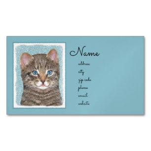 Grey Tabby Cat Painting - Cute Original Cat Art Magnetic Business Card