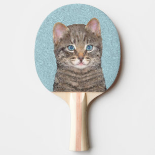 Grey Tabby Cat Painting - Cute Original Cat Art Ping Pong Paddle