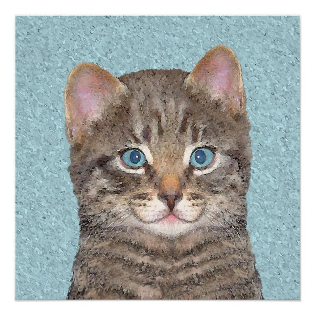 Grey Tabby Cat Painting - Cute Original Cat Art Poster (Front)