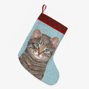 Grey Tabby Cat Painting - Cute Original Cat Art Small Christmas Stocking