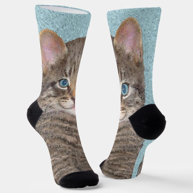 Grey Tabby Cat Painting - Cute Original Cat Art Socks (Angled)