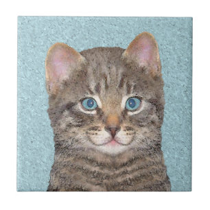 Grey Tabby Cat Painting - Cute Original Cat Art Tile