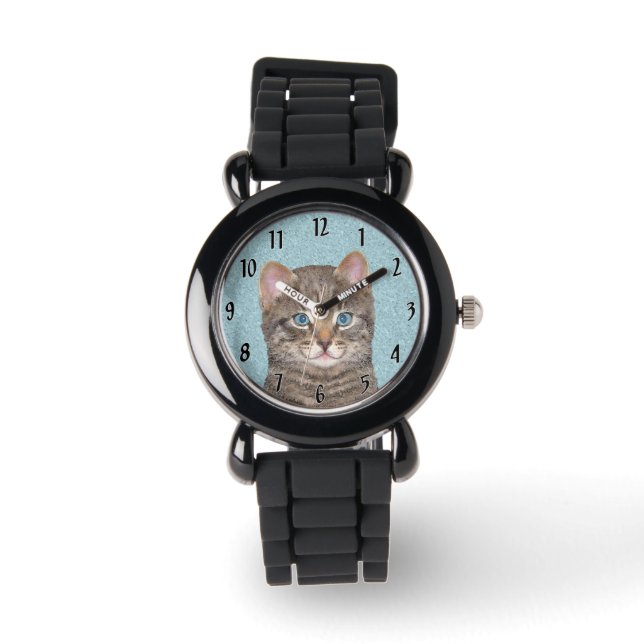 Grey Tabby Cat Painting - Cute Original Cat Art Watch (Front)