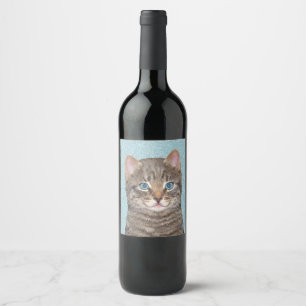 Grey Tabby Cat Painting - Cute Original Cat Art Wine Label