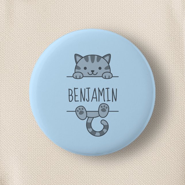 Grey Tabby Cat Peeking behind Custom Name Blue 6 Cm Round Badge (Creator Uploaded)