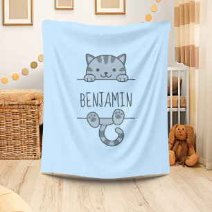 Grey Tabby Cat Peeking behind Custom Name Blue Fleece Blanket