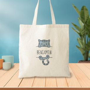 Grey Tabby Cat Peeking behind Custom Name Tote Bag