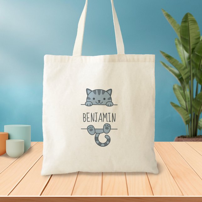 Grey Tabby Cat Peeking behind Custom Name Tote Bag (Creator Uploaded)