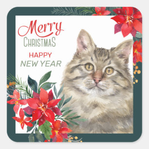 Grey Tabby Cat Poinsettia Border Christmas Square Sticker
