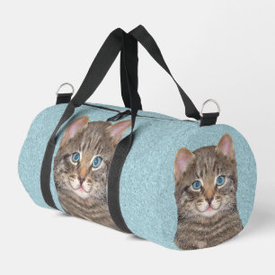 Grey Tabby Cat Portrait Painting Cute Original Art Duffle Bag
