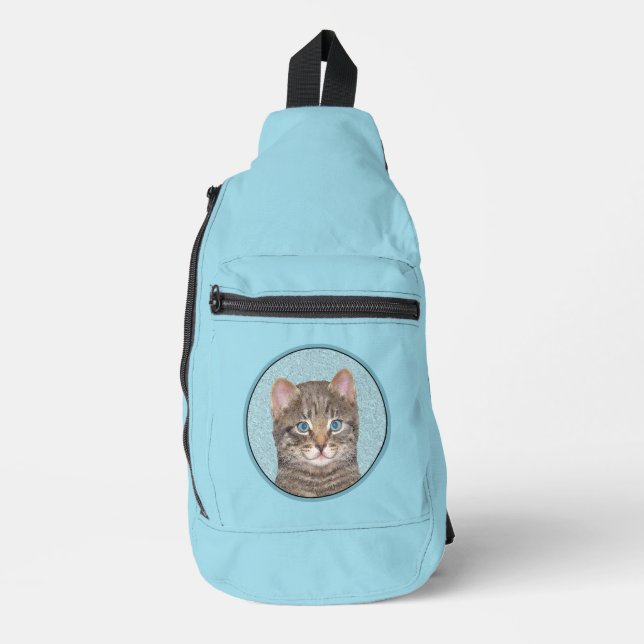 Grey Tabby Cat Portrait Painting Cute Original Art Sling Bag (Front)