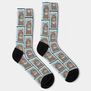 Grey Tabby Cat Portrait Painting Cute Original Art Socks