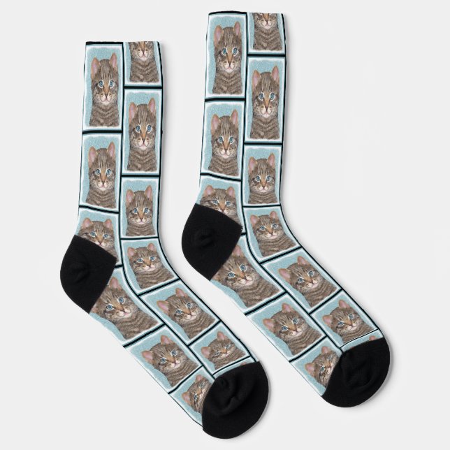 Grey Tabby Cat Portrait Painting Cute Original Art Socks (Right)
