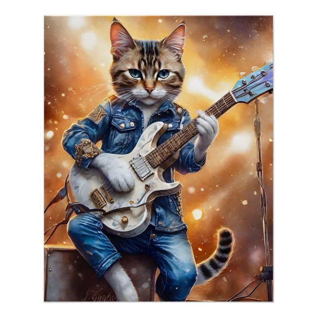 Grey Tabby Cat Rock Star Playing the Guitar Poster (Front)