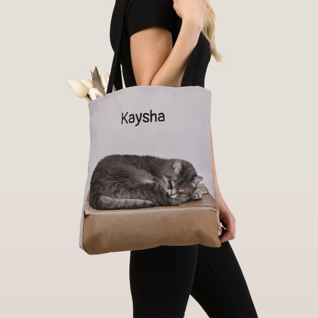 Grey Tabby Cat Sleeping On Box Tote Bag (Close Up)