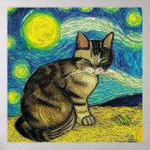 Grey Tabby Cat Starry Night Artwork Van Gogh
