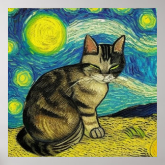Grey Tabby Cat Starry Night Artwork Van Gogh Poster