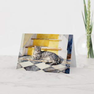 Grey Tabby Cat Study A In Watercolors Card