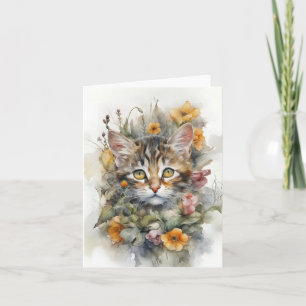 Grey Tabby Cat with Flowers Blank Greeting  Card