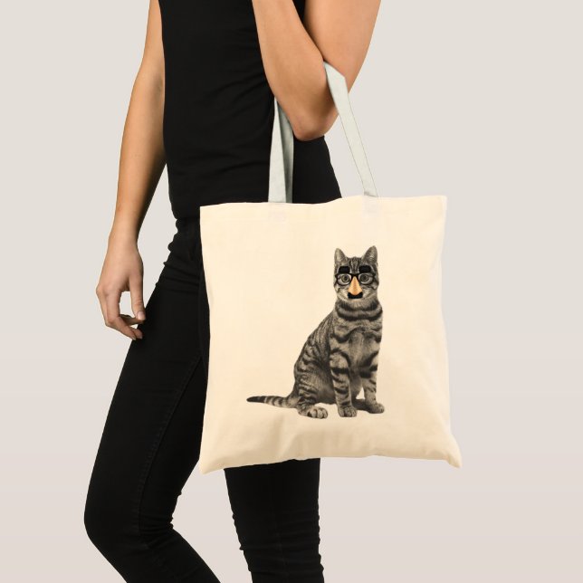 Grey Tabby Cat with Funny Nose Glasses Tote Bag (Front (Product))