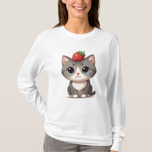 Grey tabby cat with Strawberry T-Shirt