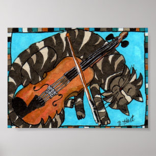 Grey Tabby Cat with Violin Fiddle Folk Art Poster