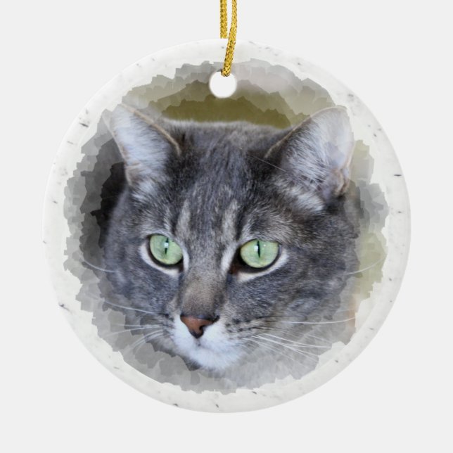 grey tabby ceramic tree decoration (Front)