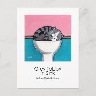 Grey Tabby in Sink | Whimsical Cat Art Postcard