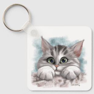 Grey Tabby Kitten Cartoon Key Ring