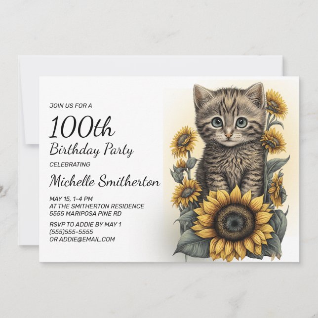 Grey Tabby Kitten Cat Sunflowers 100th Birthday Invitation (Front)