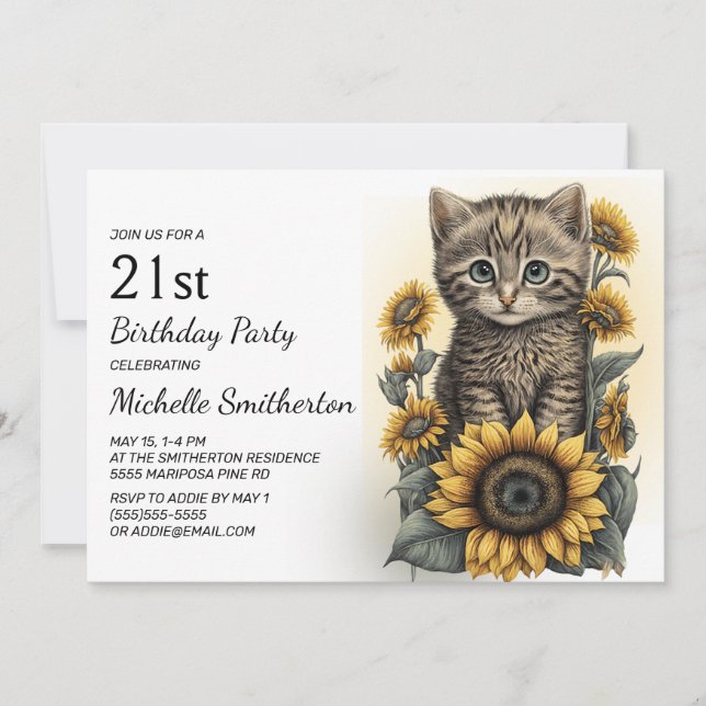 Grey Tabby Kitten Cat Sunflowers 21st Birthday Invitation (Front)