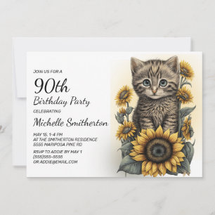 Grey Tabby Kitten Cat Sunflowers 90th Birthday Invitation