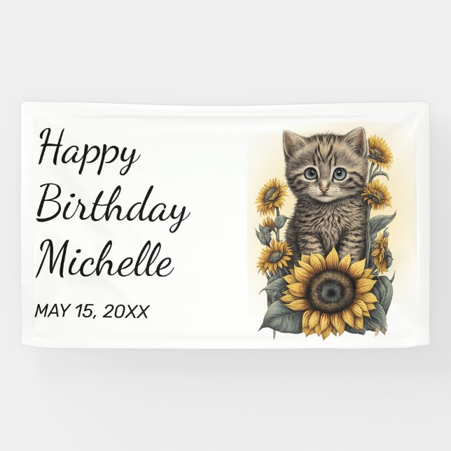 Grey Tabby Kitten Cat Sunflowers Happy Birthday Banner (Horizontal)