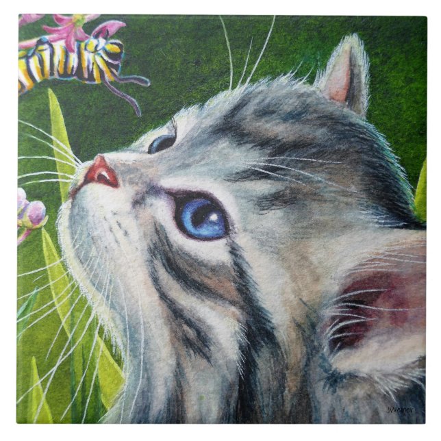Grey Tabby Kitten & Caterpillar Watercolor Art Tile (Front)